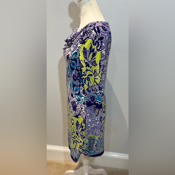 Adrianna Papell Paisley 3/4 Sleeve Cowl Neck Purple Green Shift Dress Size 2P - Picture 3 of 7